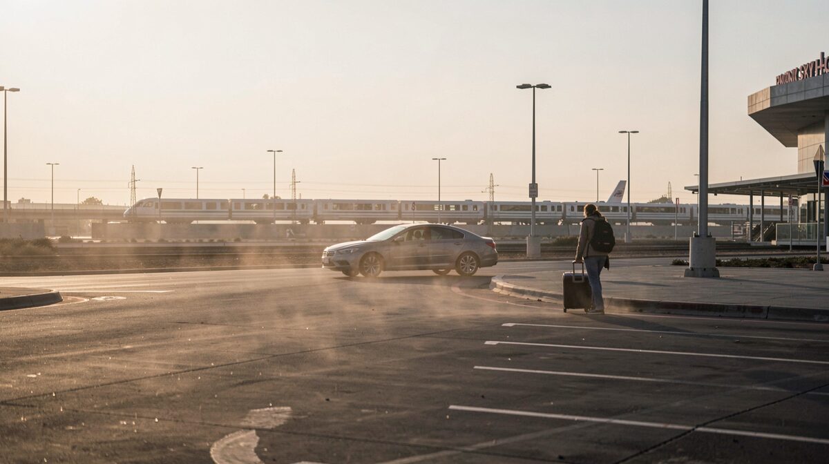 A wide shot of the Phoenix Sky Harbor terminal curb at dusk in late summer, heat shimmer still rising off the asphalt, a dust haze on the horizon behind the Sky Train tracks, a traveler with a rolling suitcase walking toward a waiting car.