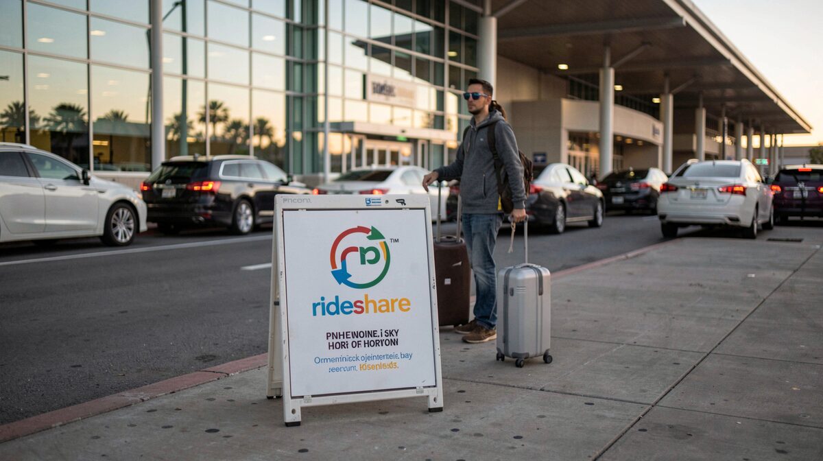 A traveler with a rolling suitcase stands at a posted rideshare sign on the outer curb of a Phoenix Sky Harbor terminal at dusk, terminal glass and a line of cars behind, shot from curb level with the sign in the foreground.