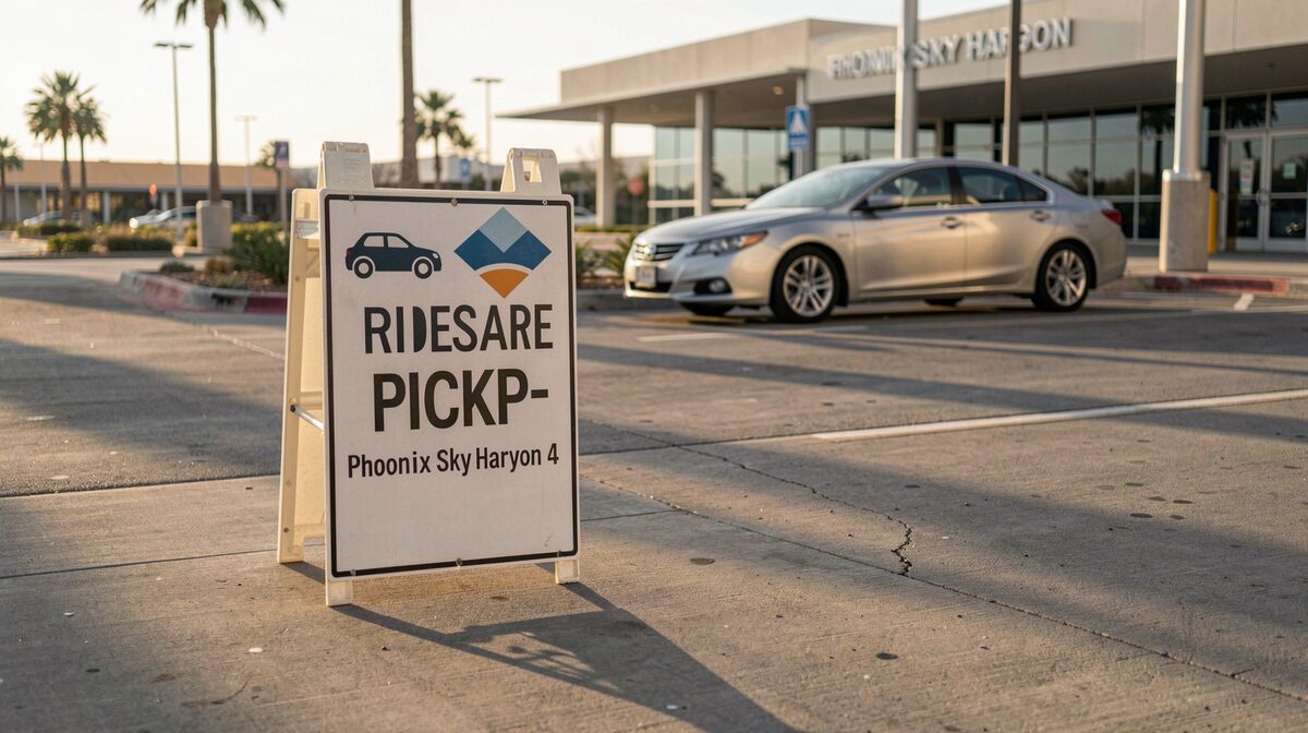 A rideshare pickup sign on the north curb of Terminal 4 at Phoenix Sky Harbor, late afternoon sun casting long shadows across the concrete, a silver sedan waiting at the curb in the background.