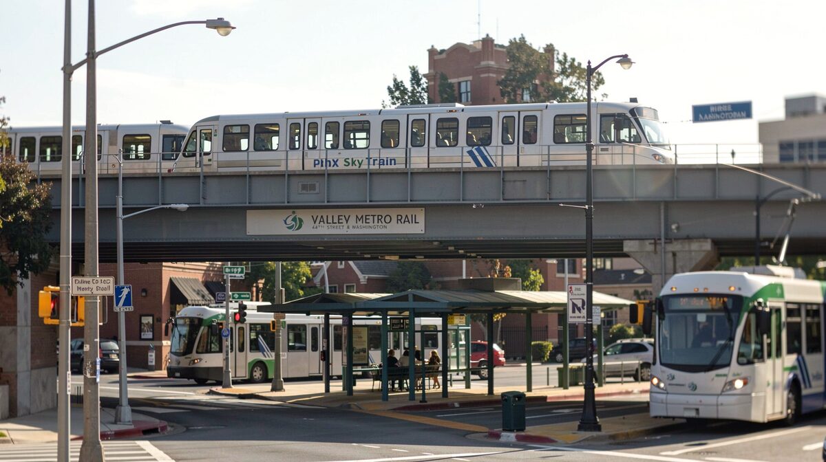 An elevated PHX Sky Train car passing above a sunlit street corner at 44th Street and Washington, with a Valley Metro Rail platform and its canopy visible below and a light rail train waiting at the stop.